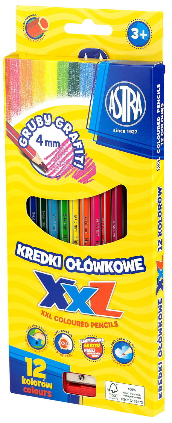Kredki ołówkowe hexagonalne 12 kolorówASTRA Kredki ołówkowe ASTRA hexagonalne 12 kolorów, grubość grafitu 4mm, opakowanie pudełko.