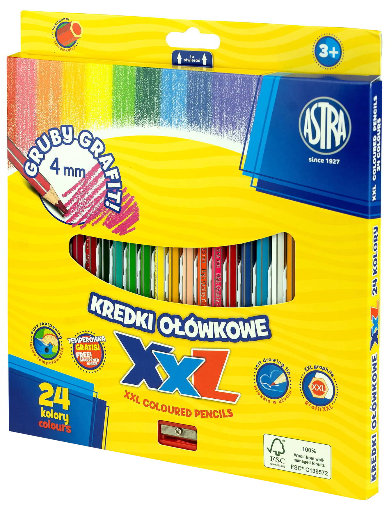 Kredki ołówkowe hexagonalne 24 koloryASTRA Kredki ołówkowe z glinki kaolinowej w drewnianej oprawie o heksagonalnym przekroju charakteryzują się wyjątkowo instensywnymi i nasyconymi kolorami. Doskonale kryją, idealnie nadają się do rysowania, wypełniania dużych powierzchni i wykonywania miękkic...