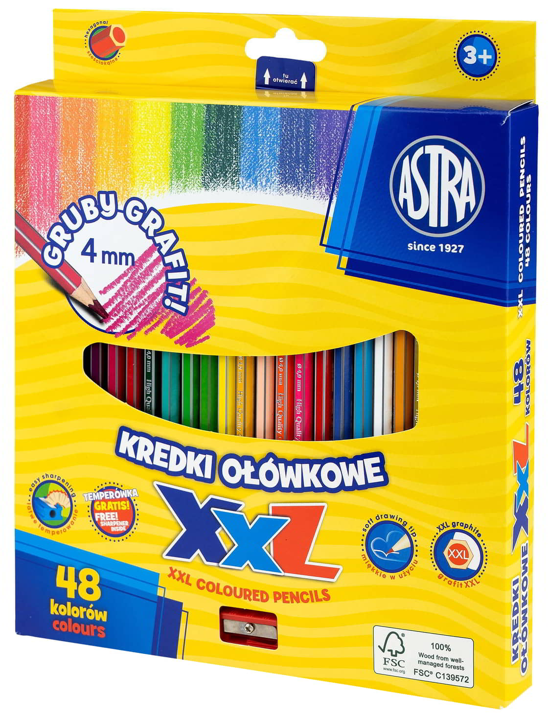 Kredki ołówkowe hexagonalne 48 kolorówASTRA Kredki ołówkowe ASTRA XXL 48 kolorów z drewnianą heksagonalną oprawą i grubym grafitem 4mm.
