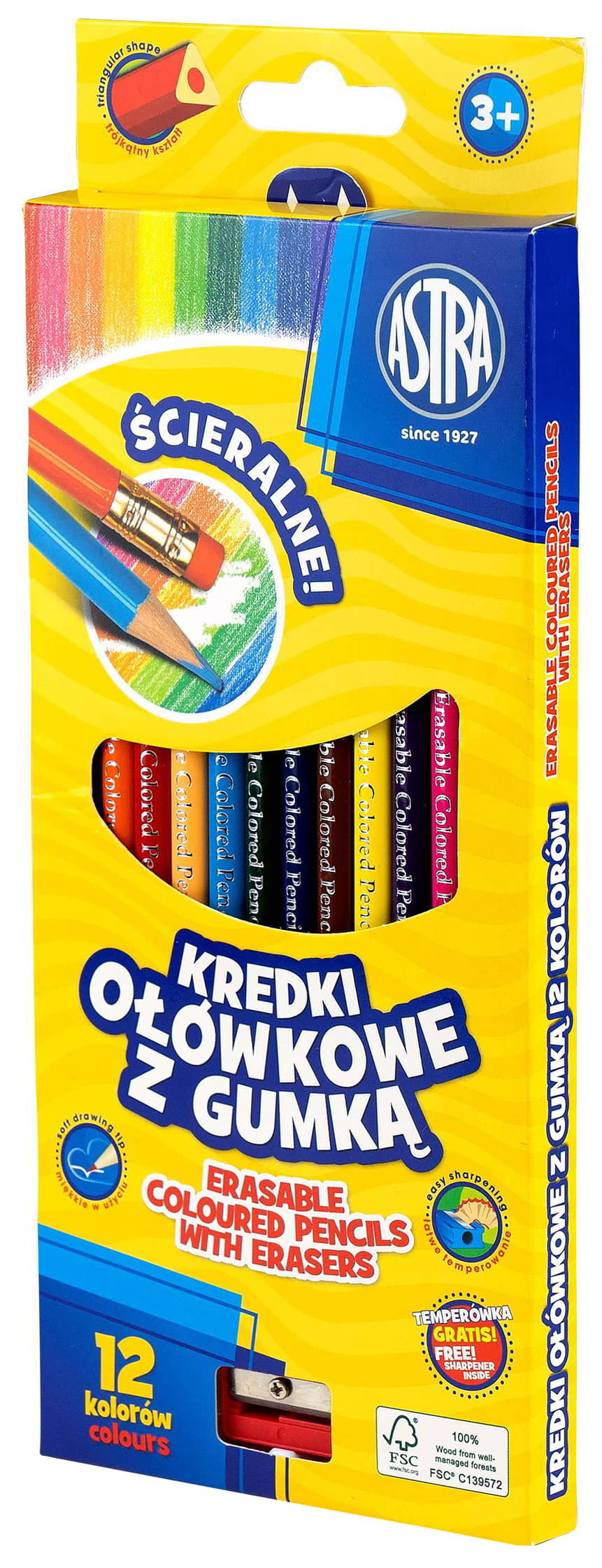 Kredki ołówkowe ASTRA z gumką 12 kolorów, opakowanie z temperówką w zestawie