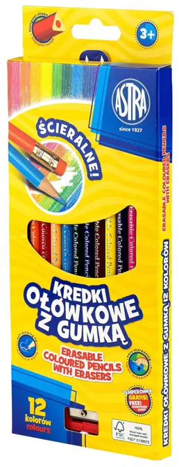 Kredki ołówkowe z gumką 12 kolorówASTRA