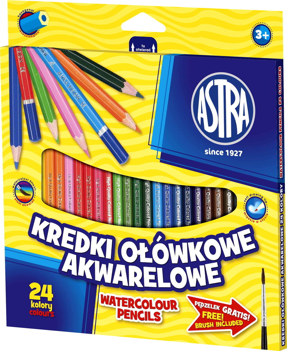 Kredki ołówkowe akwarelowe ASTRA 24 kolory w opakowaniu z pędzlem.