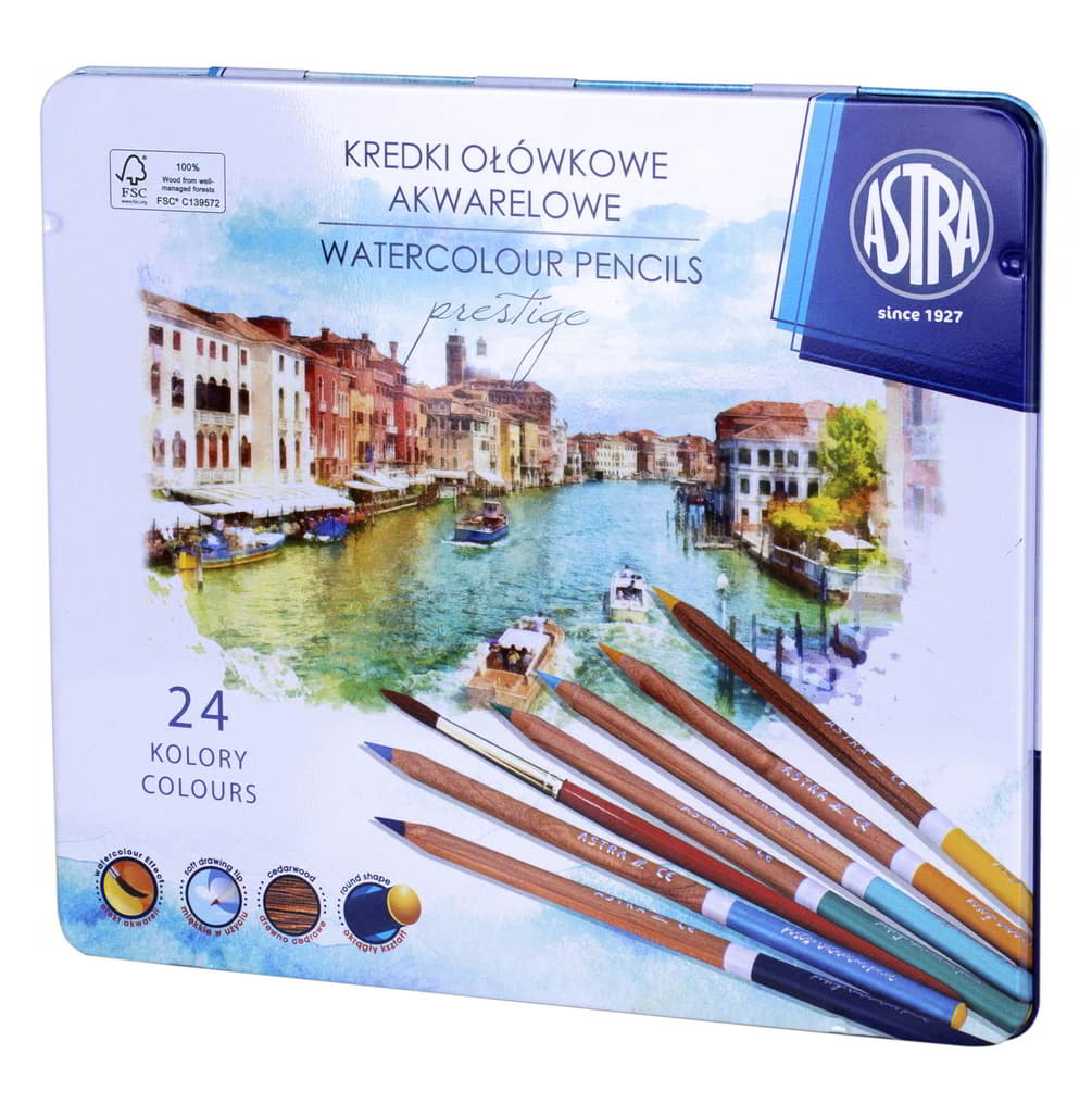 Kredki Ołówkowe 24 kol AKWARELE PUSZKAASTRA PRESTIGE Kredki ołówkowe akwarelowe charakteryzują się doskonała jakością i wyrazistością kolorów. Grafit kredek wykonany został na bazie akwareli. Po rozmyciu rysunku pędzlem z odrobiną wody uzyskuje się efekt farb akwarelowych. Kredki włożone są w metalowym o...