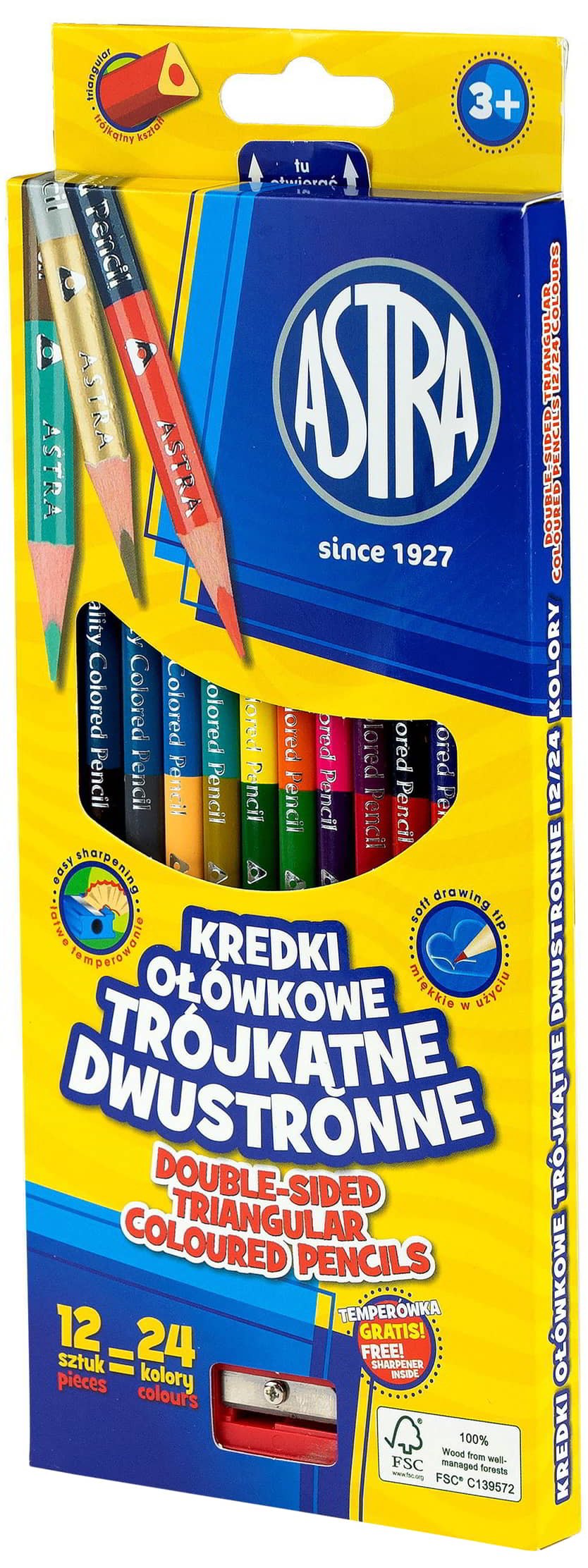 Kredki Ołówkowe trójkątne 12=24 kol Dwustronne ASTRA Kredki ołówkowe trójkątne dwustronne ASTRA 12 sztuk 24 kolory z temperówką w opakowaniu.