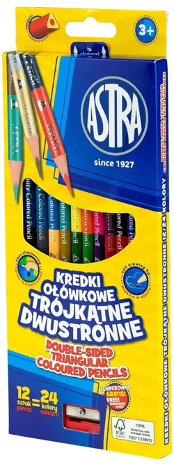 Kredki Ołówkowe trójkątne 12=24 kol Dwustronne ASTRA Kredki ołówkowe trójkątne dwustronne ASTRA 12 sztuk 24 kolory z temperówką w opakowaniu.