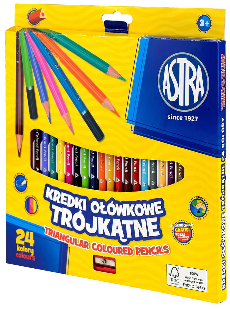 Kredki ołówkowe trójkątne ASTRA 24 kolory w opakowaniu kartonowym.