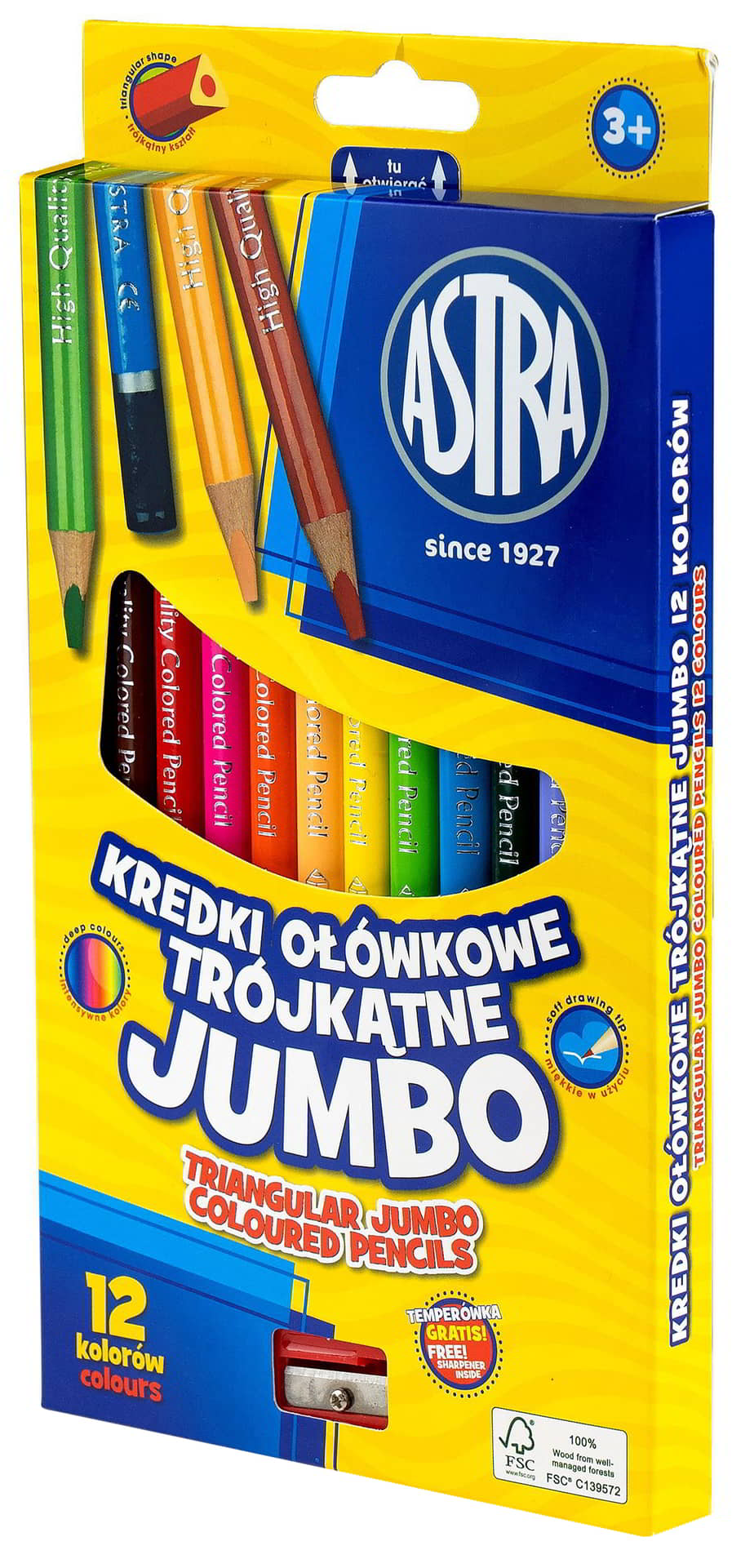Kredki ołówkowe trójkątne jumbo 12 kolorASTRA Kredki ołówkowe trójkątne jumbo ASTRA 12 kolorów w opakowaniu.