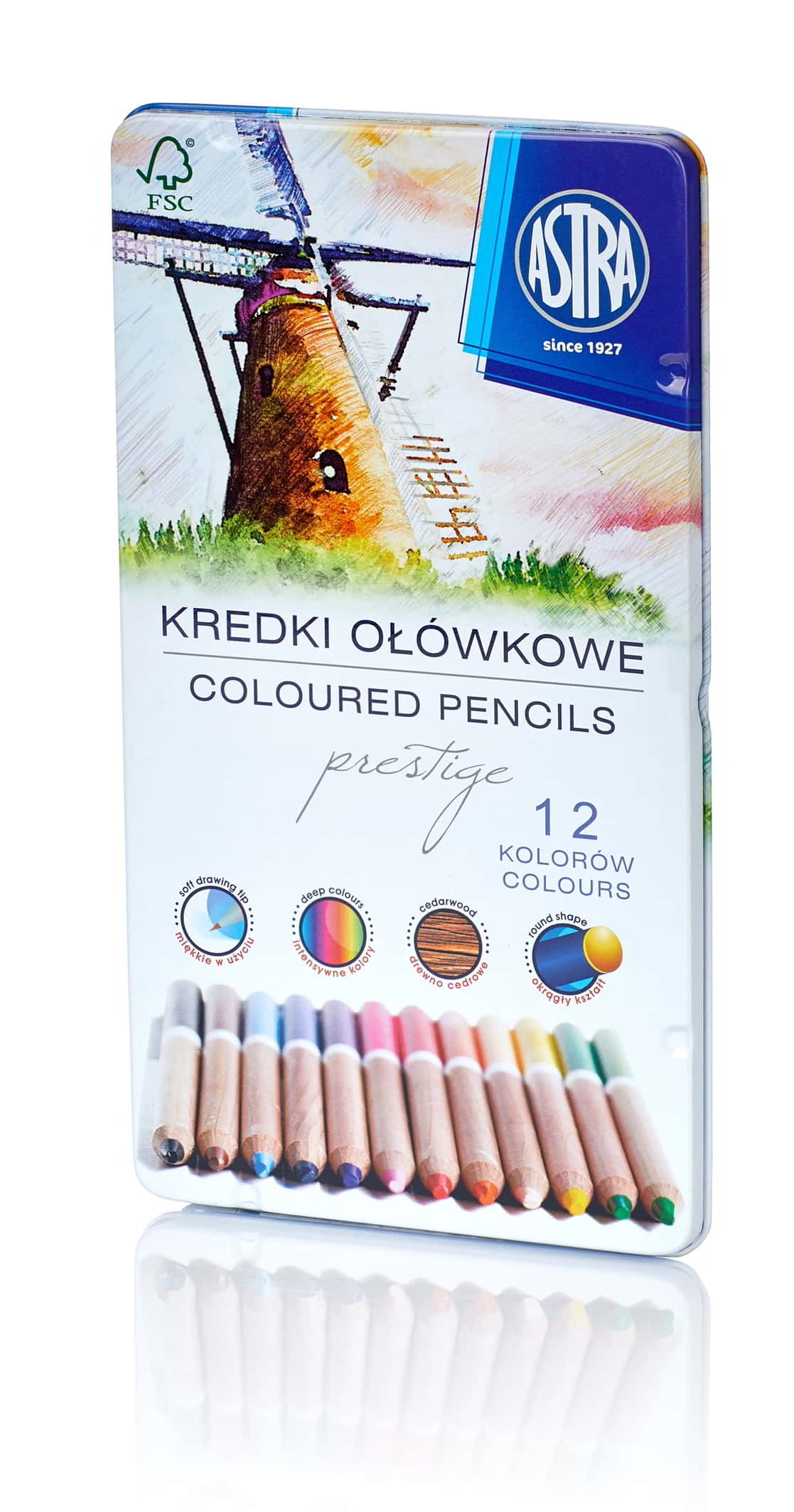 Kredki ołówkowe ASTRA Prestige 12 kolorów z drewna cedrowego w metalowym pudełku z certyfikatem FSC.