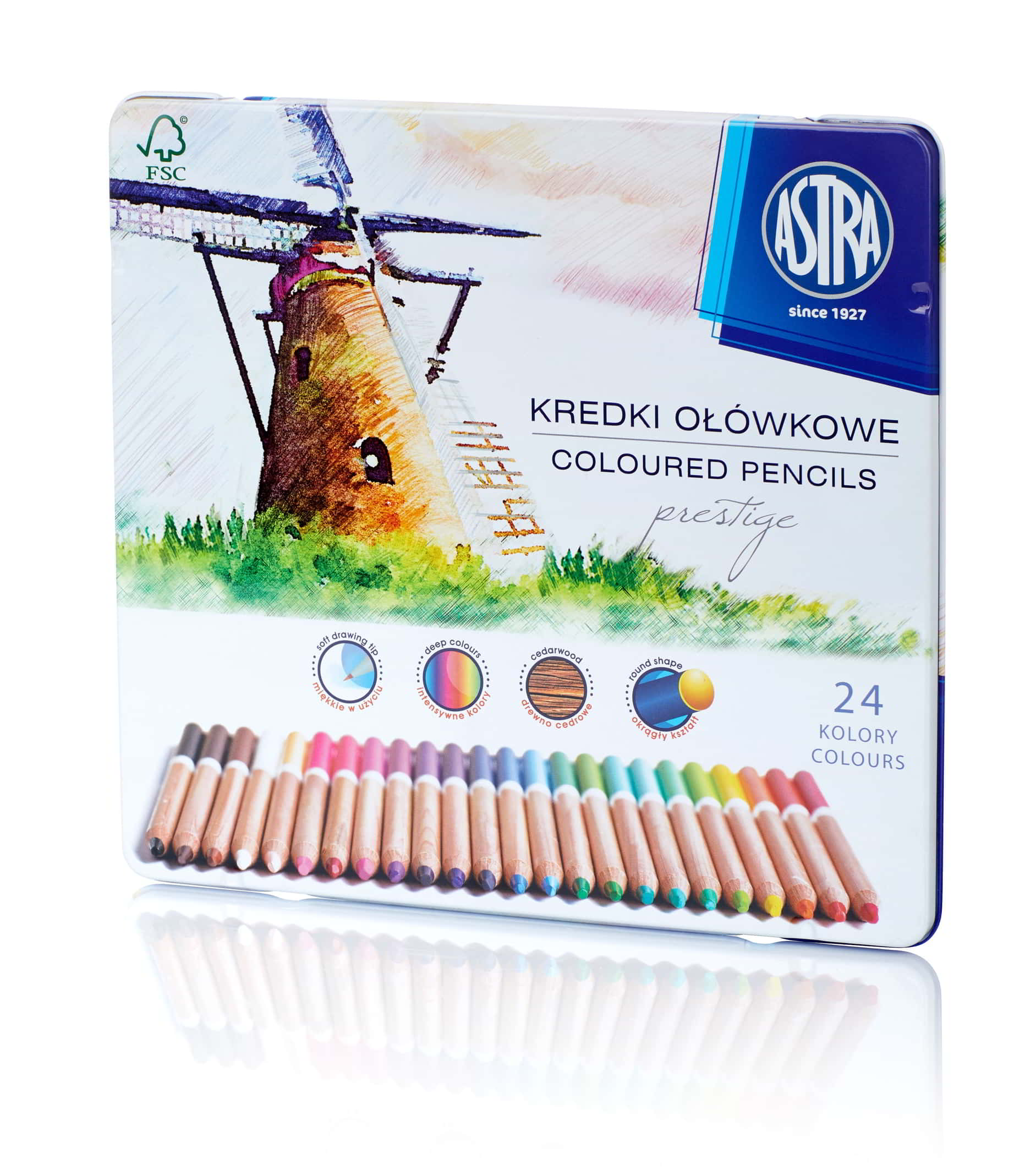 Kredki ołówkowe ASTRA Prestige 24 kolory w metalowym opakowaniu, drewno cedrowe.