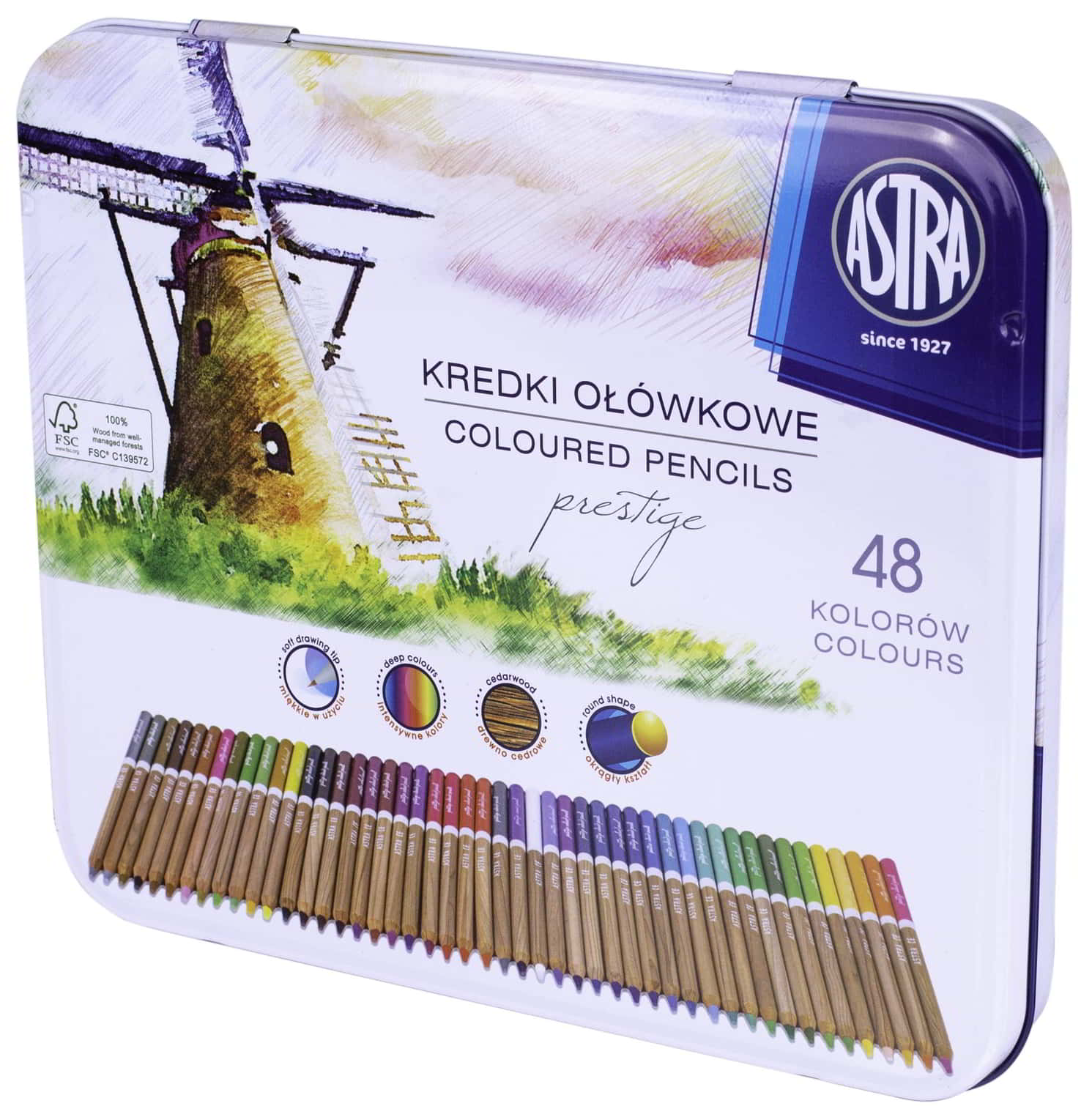Kredki z drew.cedrow.Prestige 48 kolASTRA Kredki ołówkowe ASTRA Prestige 48 kolorów w metalowym otwieranym pudełku z certyfikatem FSC.
