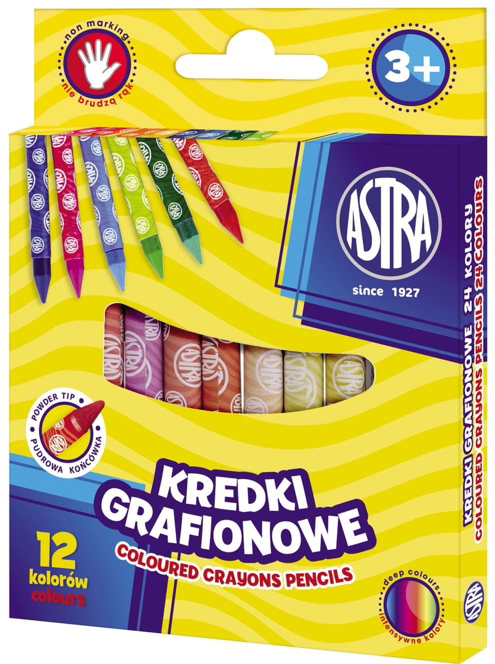 Kredki grafionowe ASTRA 12 kolorów z glinki kaolinowej w opakowaniu kartonowym, kredki w tubach z etykietami ASTRA.