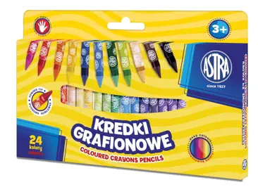 Kredki grafionowe 24 koloryASTRA Kredki grafionowe ASTRA 24 kolory w opakowaniu z zawieszką, różne kolory ze złotą końcówką.