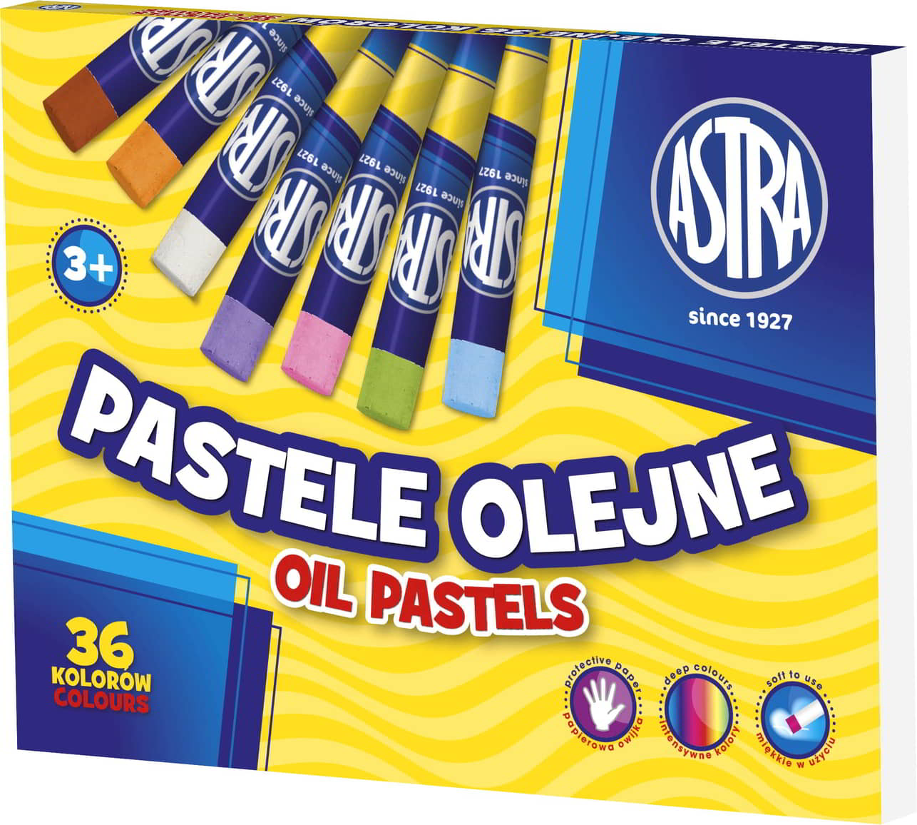 Pastele olejne ASTRA 36 kolorów w opakowaniu z paletą kolorów, miękkie do rysowania i malowania.