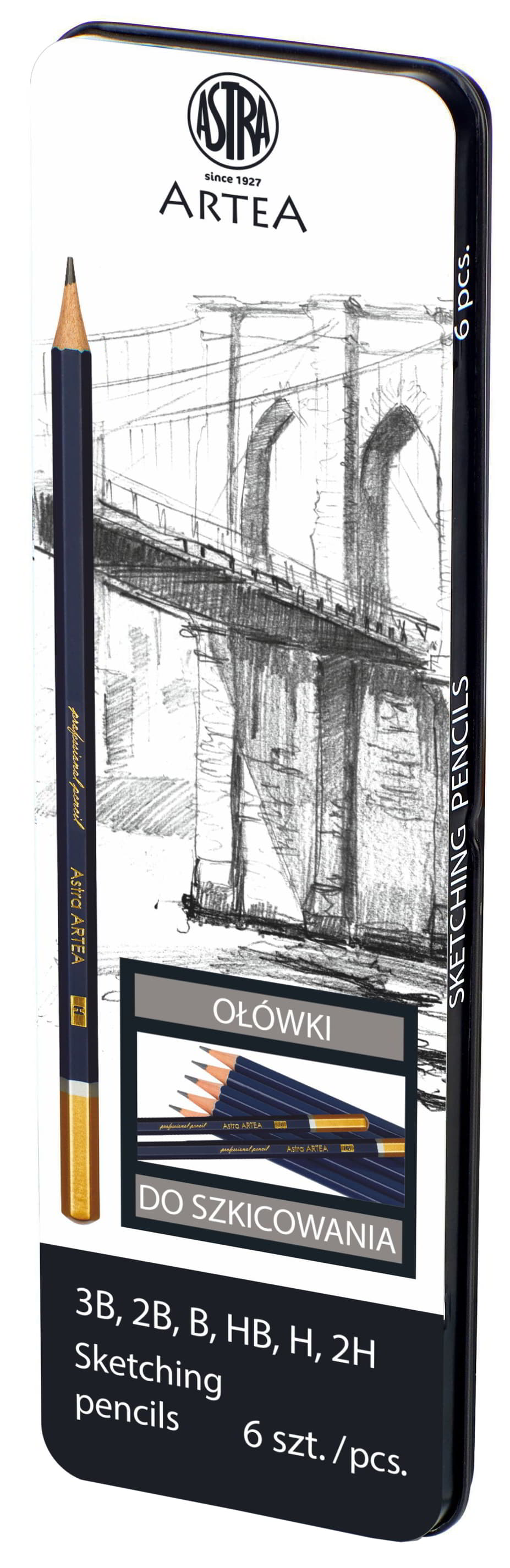 Ołówki do szkicow. w metal pudełku 6sztASTRA Ołówki do szkicowania ARTEA 6 sztuk w metalowym pudełku, twardości 3B 2B B HB H 2H.