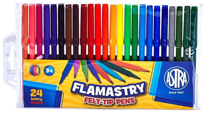 Flamastry o żywych i intensywnych kolorach. Idealne do wszelkich prac plastycznych oraz do szkół i przedszkola. Wysokiej jakości tusz i wentylowana skuwka, gwarantują długą linię pisania. Opakowanie zawiera: 24 kolory.

