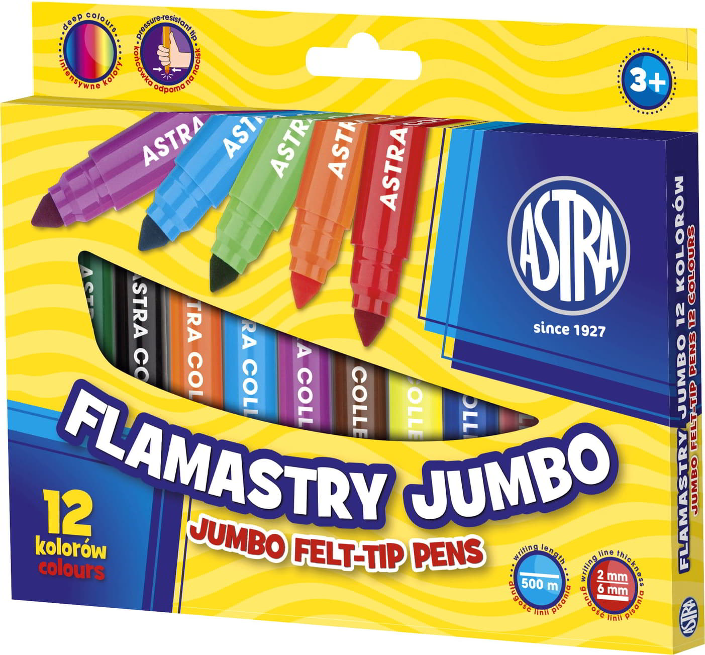 Flamastry Astra Jumbo 12 kolorów ze skośną końcówką, w opakowaniu kartonowym.
