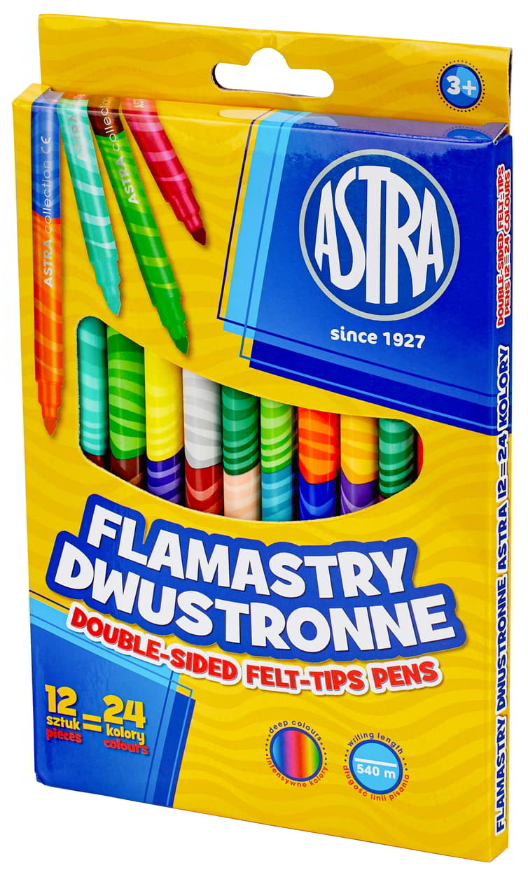 Flamastry o żywych i intensywnych kolorach. Idealne do wszelkich prac plastycznych oraz do szkół i przedszkola. Wysokiej jakości tusz i wentylowana skuwka, gwarantują długą linię pisania 540m. Opakowanie zawiera: 12szt = 24 kolory.

