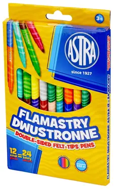 Flamastry o żywych i intensywnych kolorach. Idealne do wszelkich prac plastycznych oraz do szkół i przedszkola. Wysokiej jakości tusz i wentylowana skuwka, gwarantują długą linię pisania 540m. Opakowanie zawiera: 12szt = 24 kolory.

