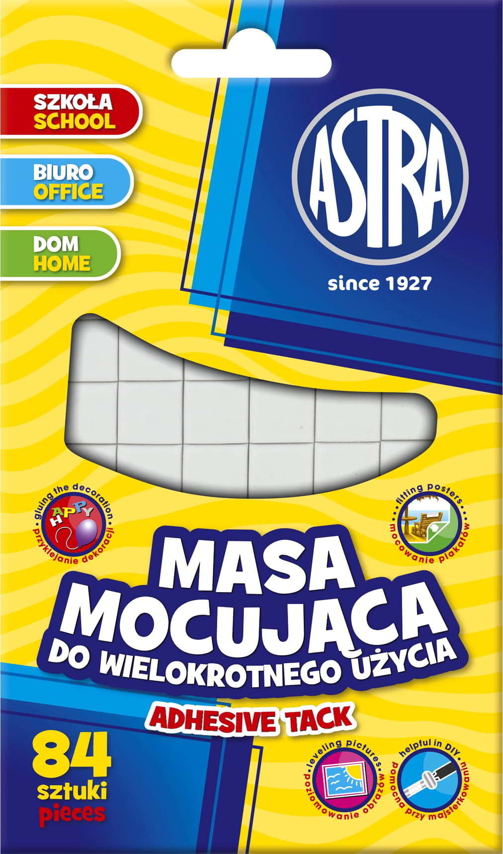 Masa mocująca ASTRA 50g do wielokrotnego użytku, 84 kwadraciki, biała, przezroczysta.