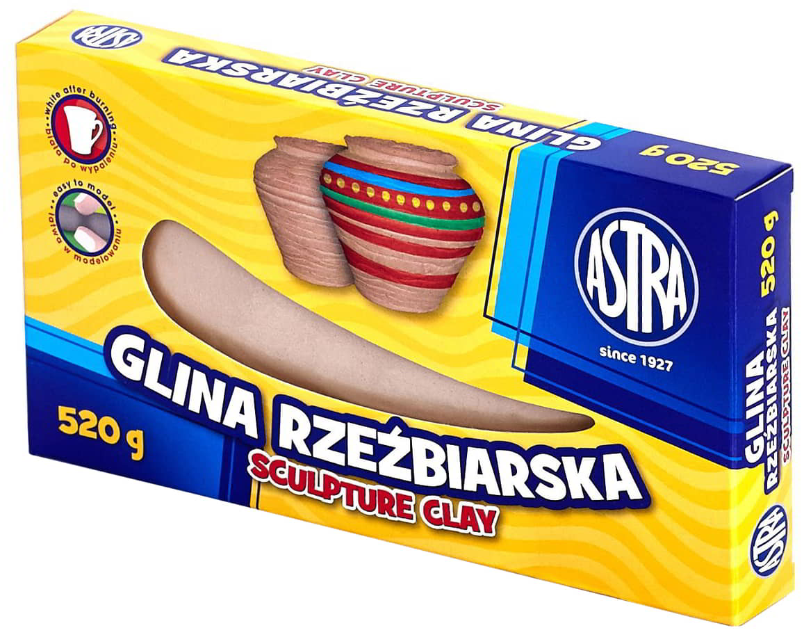 Glina rzeźbiarska ASTRA 520g w opakowaniu z żółto-niebieskim pudełkiem, beżowa masa plastyczna do modelowania.