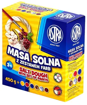 Masa solna ASTRA 450g z zestawem 6 kolorów farb do malowania, opakowanie pudełko.