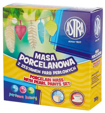 Masa porcelanowa + 3 kolory farb perłowyASTRA Masa porcelanowa ASTRA 300g z zestawem trzech perłowych farb do malowania ozdób i figurek.