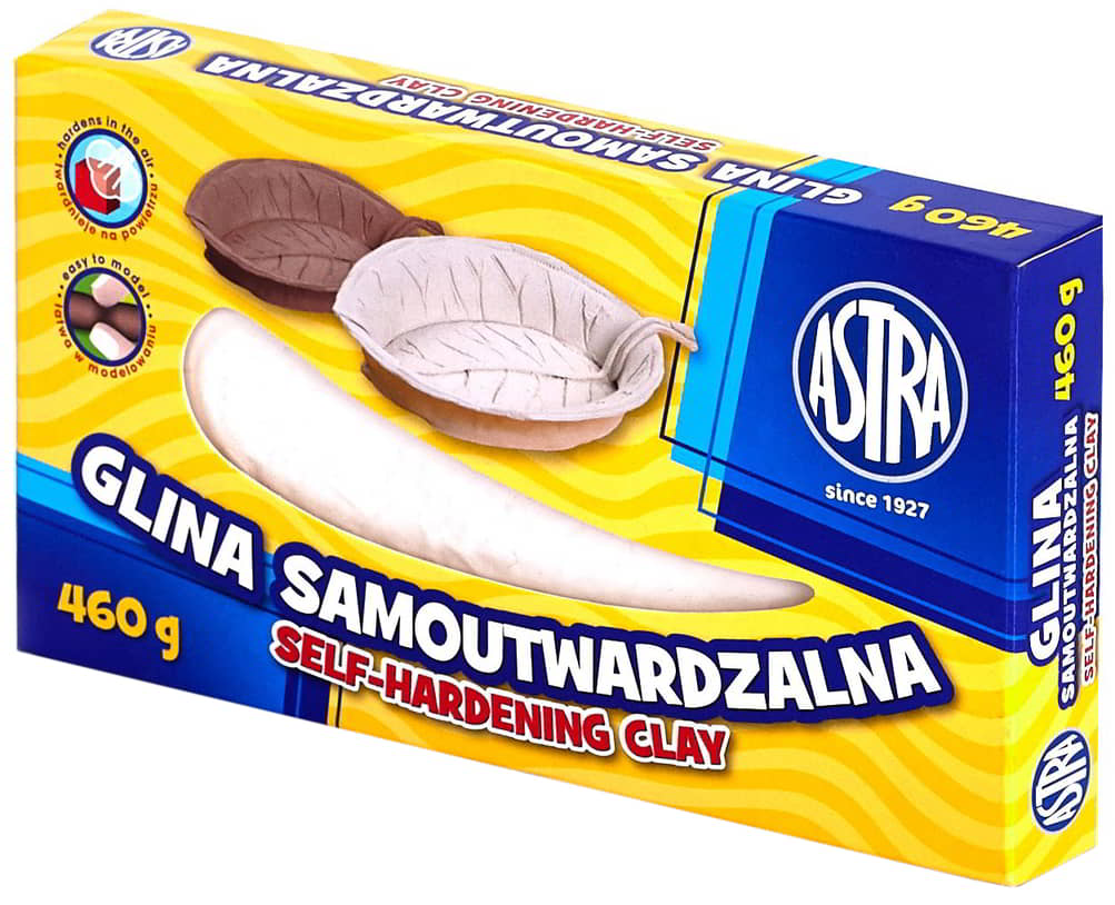 Glina samoutwardzalna 460g-białaASTRA Gotowa do użycia, twardniejąca na powietrzu biała masa plastyczna stworzona jest do małych form rzeźbiarskich. Masę można zwilżyć wodą, po wyschnięciu, malować farbami. Czas wysychania zależy od grubości przedmiotów oraz warunków suszenia. Opakowanie z...