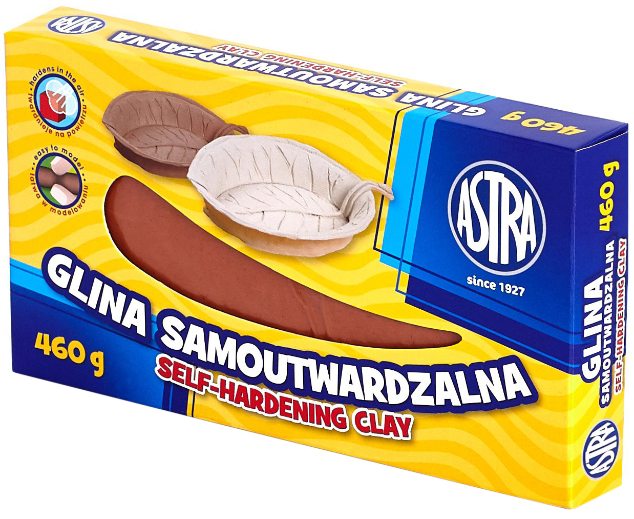 Glina samoutwardzalna ASTRA 460g terakota w opakowaniu ze wzorkami kolorów i możliwościami modelowania.