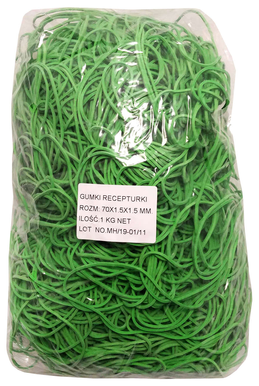 Gumki recepturki zielone 70mm w opakowaniu 1kg, elastyczne i wytrzymałe do zawiązywania.