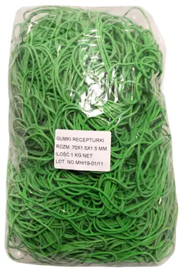 Gumki recepturki zielone 70mm w opakowaniu 1kg, elastyczne do zawiązywania.
