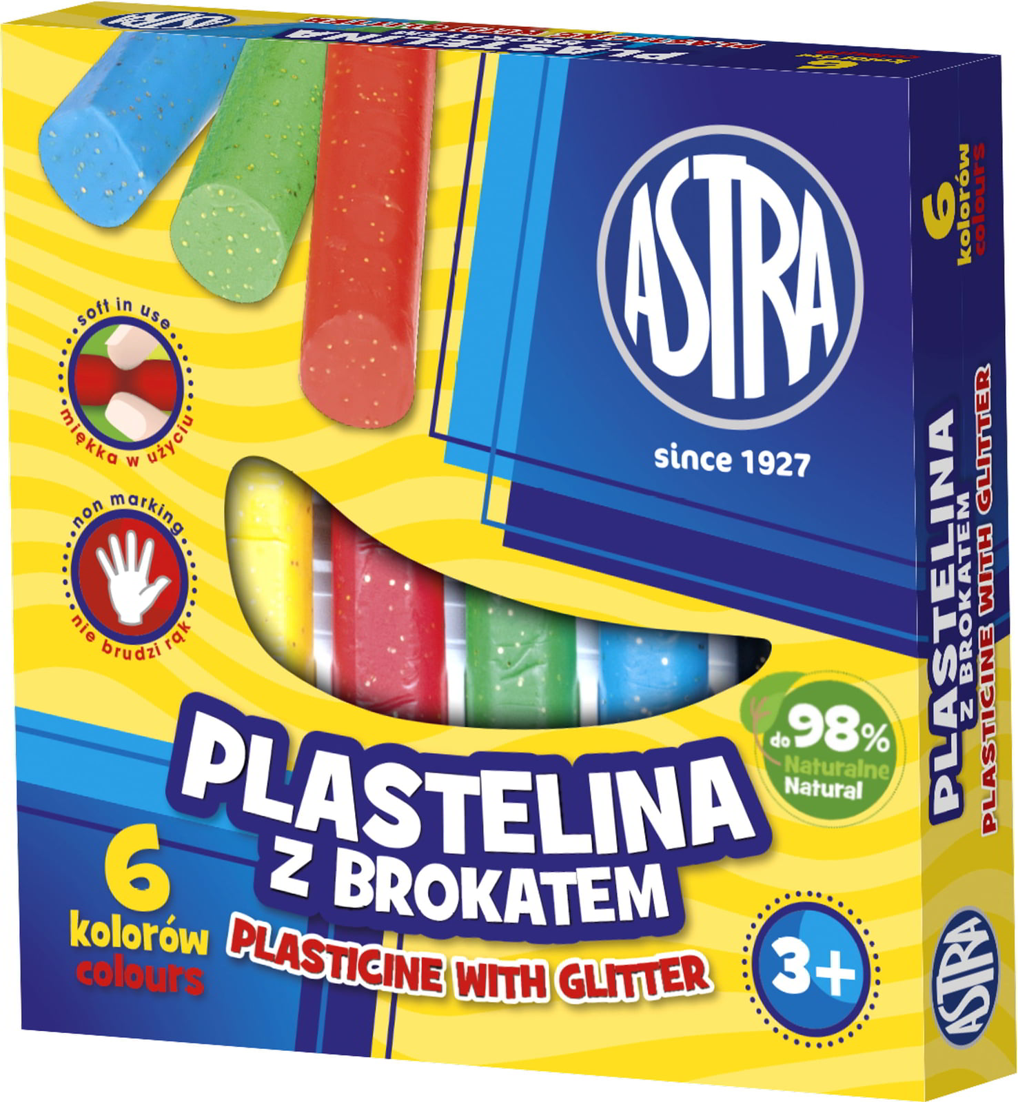 Plastelina ASTRA 6 kolorów z brokat brokatowa żółta, niebieska, zielona, czerwona opakowanie