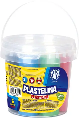 Plastelina ASTRA 6 kolorów w przezroczystym wiaderkę z uszkiem, zawierająca niebieski, zielony i różowy kolor.