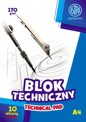 Blok techniczny ASTRA A4 10 kartek 170g/m2 biały z narzędziami do rysowania technicznego