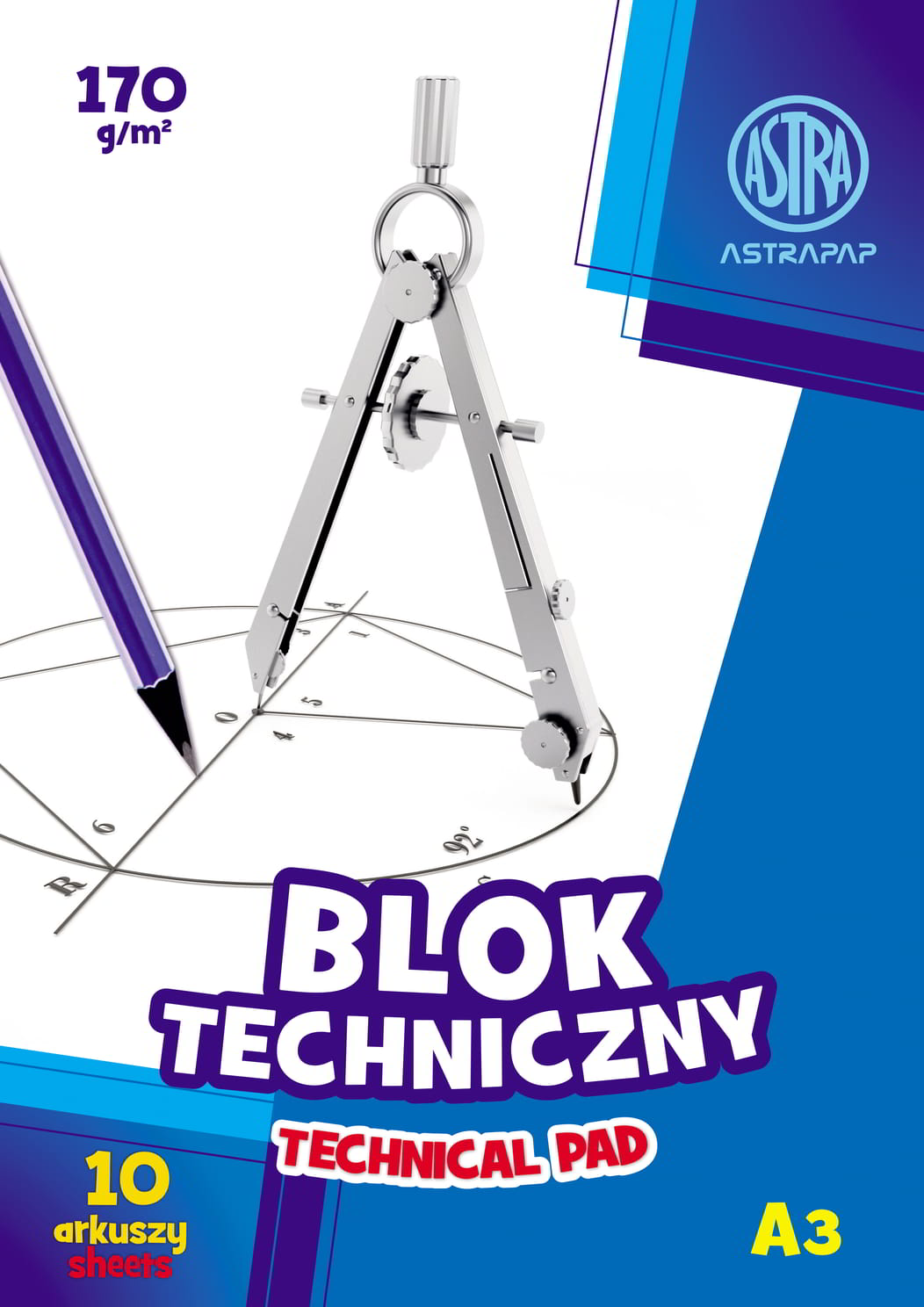 Blok techniczny A3 10 arkuszy 170g biały ASTRA z kompasem i szablonami do rysowania