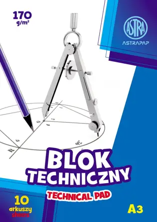 Blok Techniczny A-3 10 kart.170g Biały ASTRA Blok techniczny sprawdzi się idealnie na zajęciach plastyki podczas malowania, rysowania, wycinania. Jest także idealny do robienia rysunków techcznych. Format: A3, gramatura: 170g, ilość arkuszy: 10.