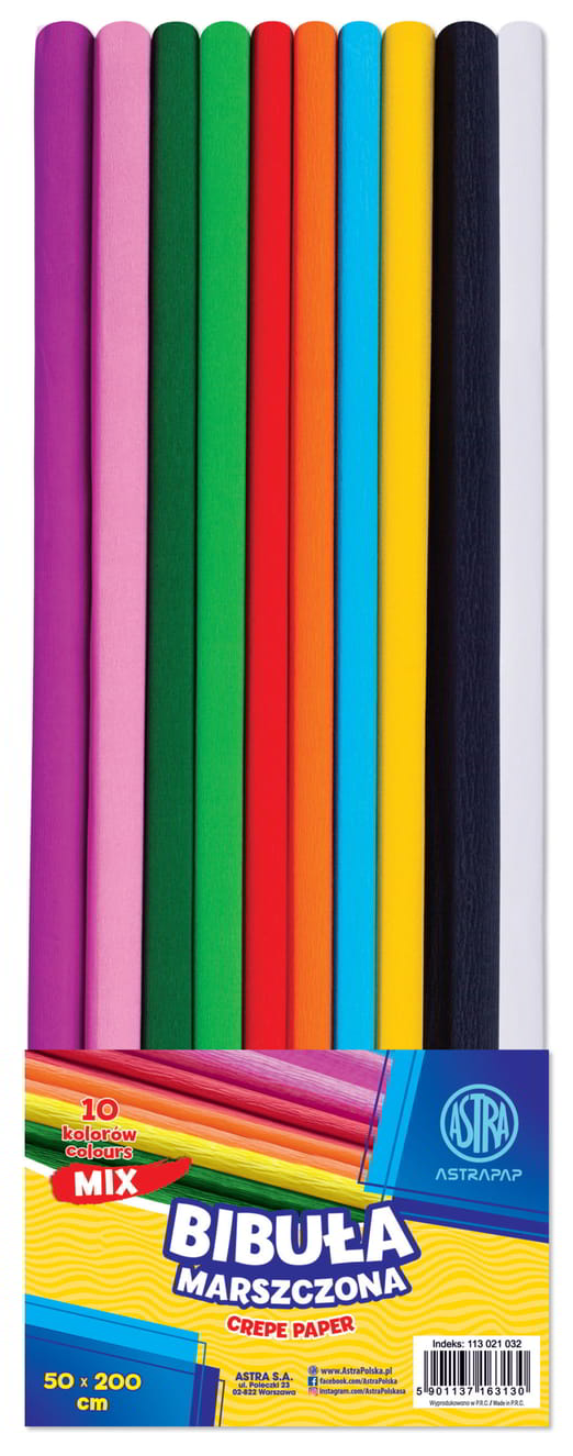 Bibuła marszczona 50x200cm zestaw 10 kolorów MIXASTRA opakowanie