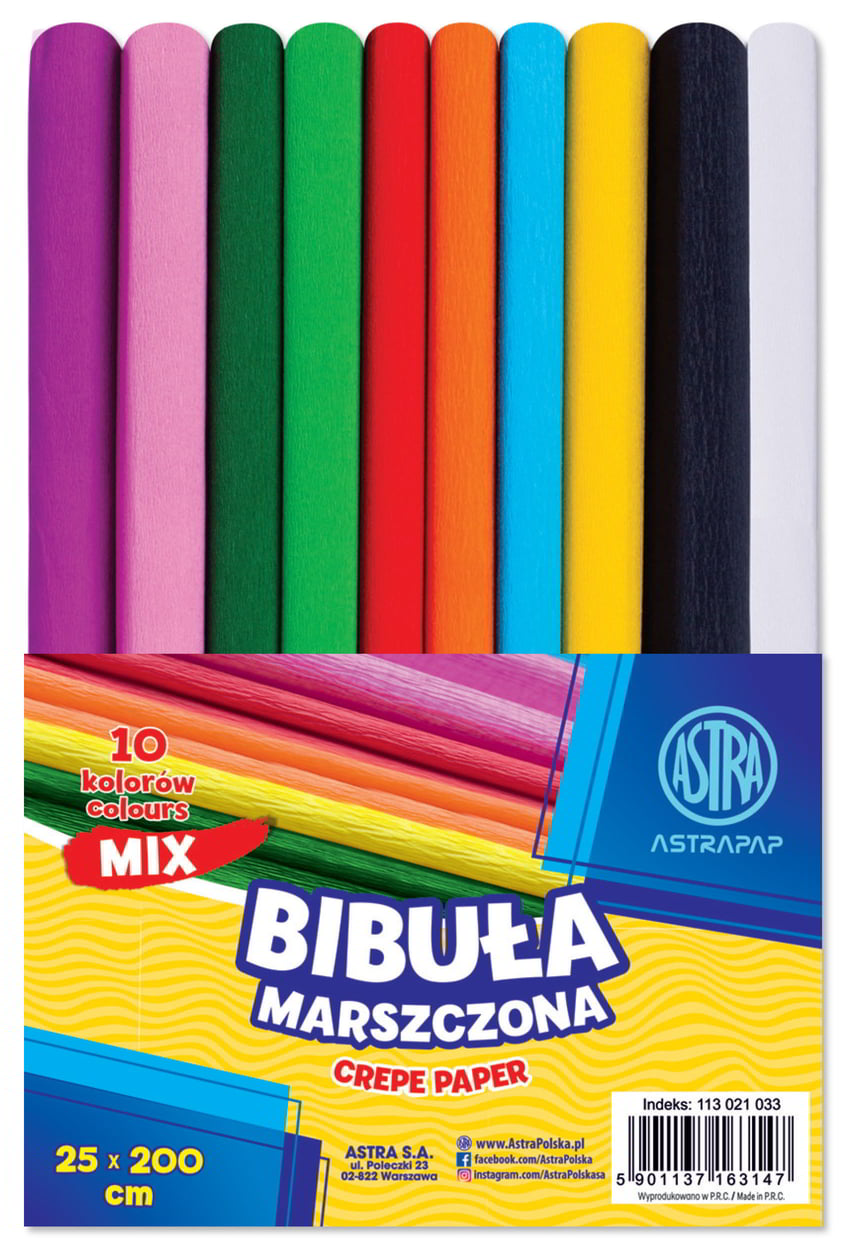Bibuła marszczona MIXASTRA 25x200 cm zestaw 10 kolorów do prac plastycznych