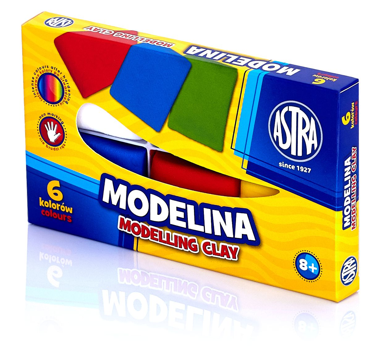 Modelina ASTRA 6 kolorów, masa plastyczna w kolorach czerwonym, niebieskim, zielonym, żółtym i czarnym w opakowaniu.