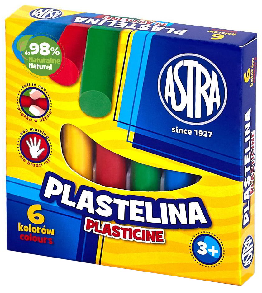 Plastelina ASTRA 6 kolorów, naturalna do modelowania, opakowanie z widocznymi waleczkami w kolorach: żółty, czerwony, zielony, niebieski.
