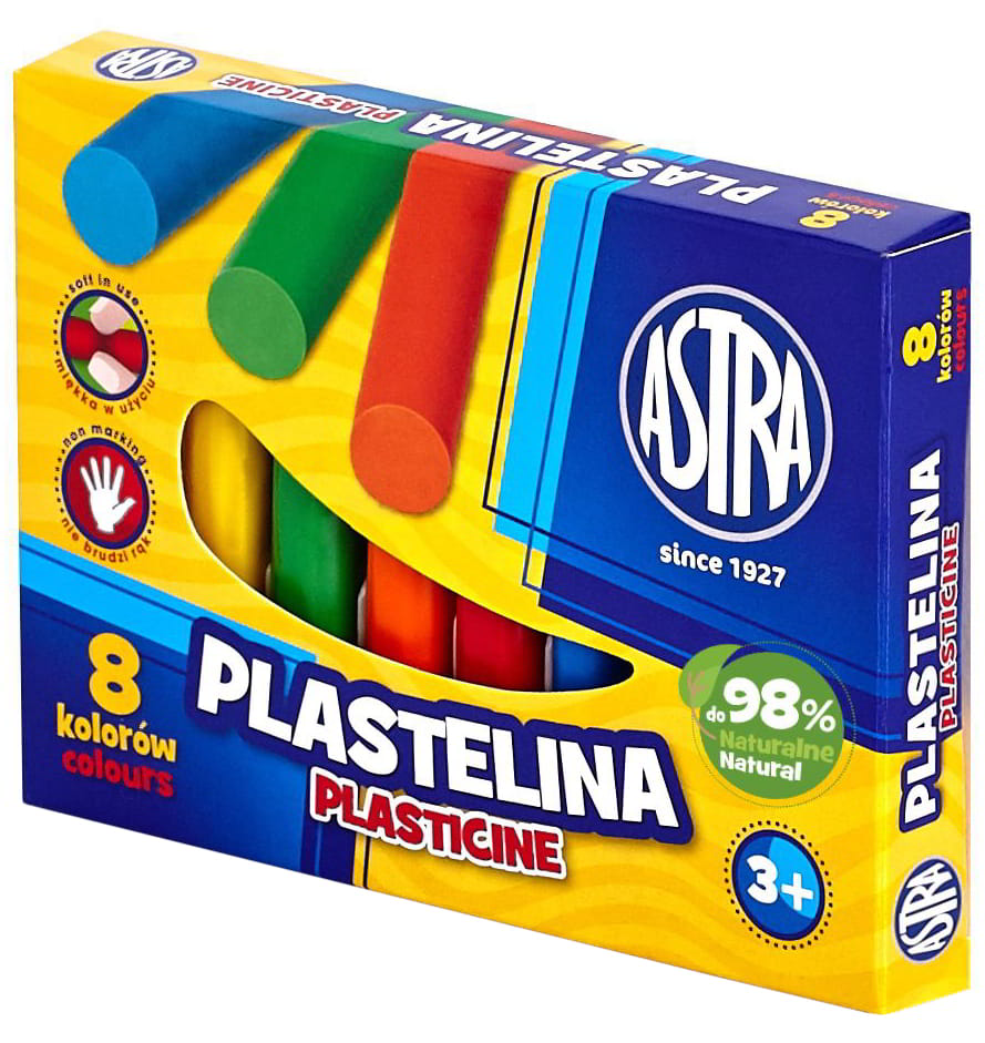 Plastelina Astra 8 kolorów w opakowaniu kartonowym z paskami kolorowych rurek.