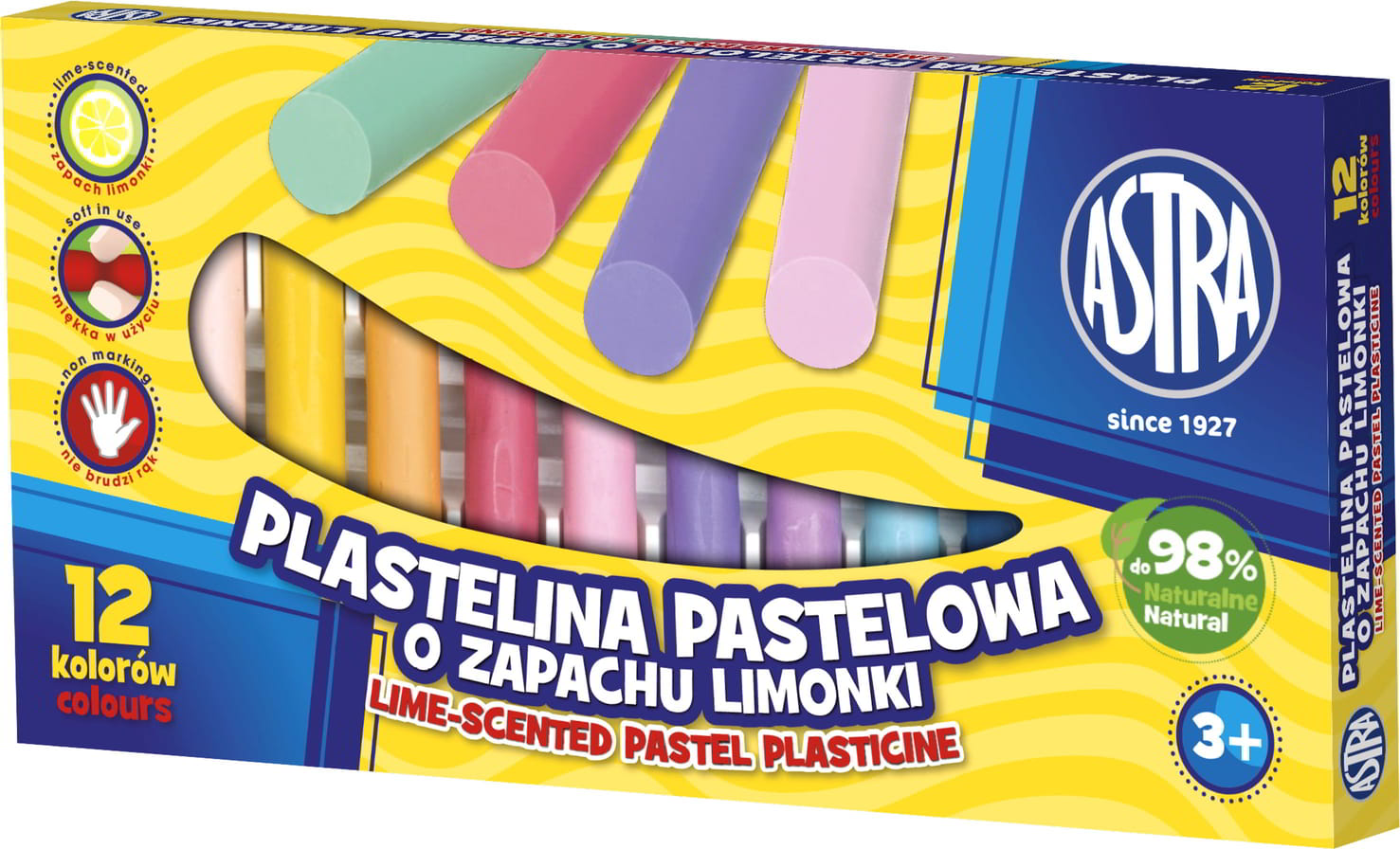 Plastelina pastelowa ASTRA 12 kolorów o zapachu limonki, naturalna do 98%, nie brudzi rąk.