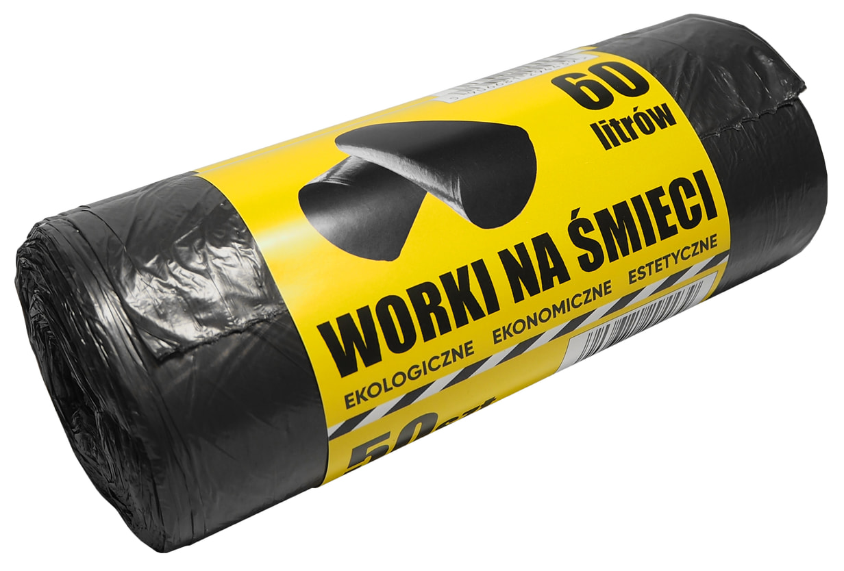 Worki na śmieci HD 60L czarne 60x80cm 50 sztuk na rolce z folii HDPE