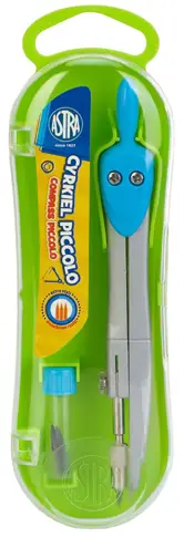 Cyrkiel z metalicznymi ramionami posiadający w zestawie dodatkowe rysiki. Znajduje się w poręcznym i praktycznym etui.