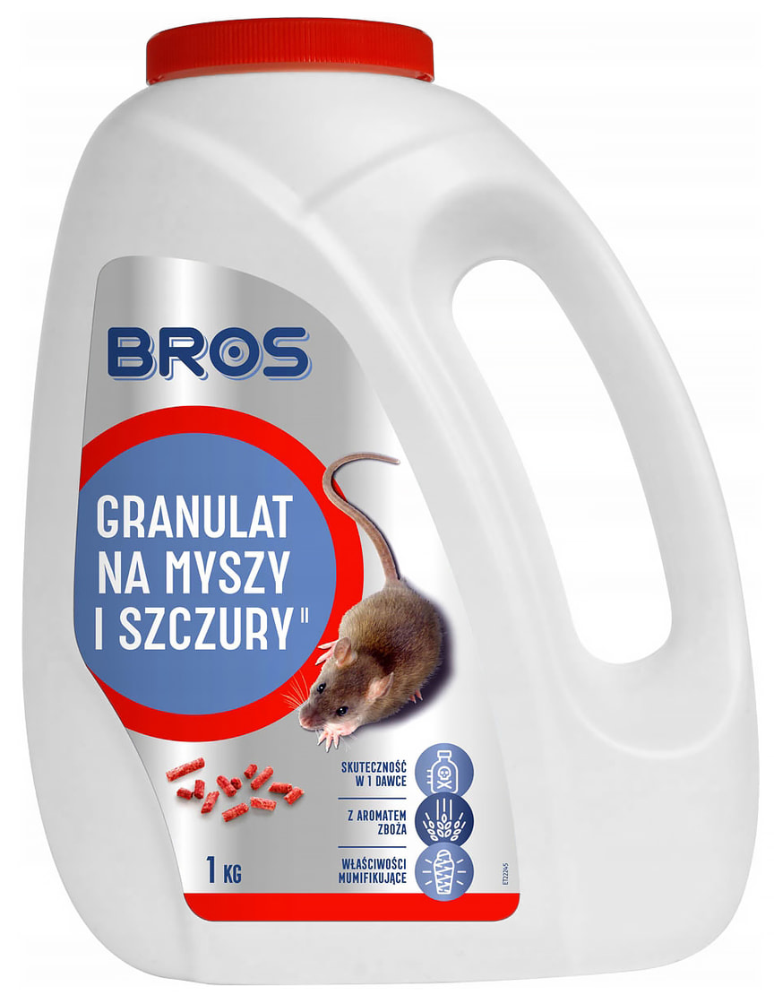 BROS granulat na myszy i szczury 1 kg, zatruty ziarno z aromatem zboża w białym opakowaniu z czerwoną nakrętką.