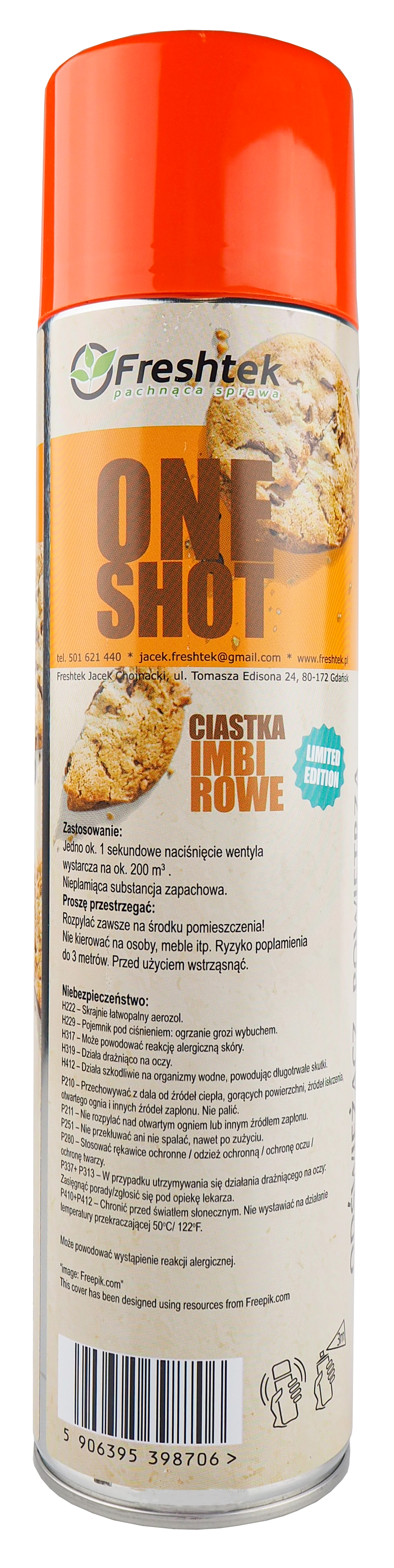 Odświeżacz FRESHTEK ONE SHOT Ciastka Imbirowe 600 ml w aerozolu z widoczną etykietą zawierającą instrukcje użytkowania i skład.