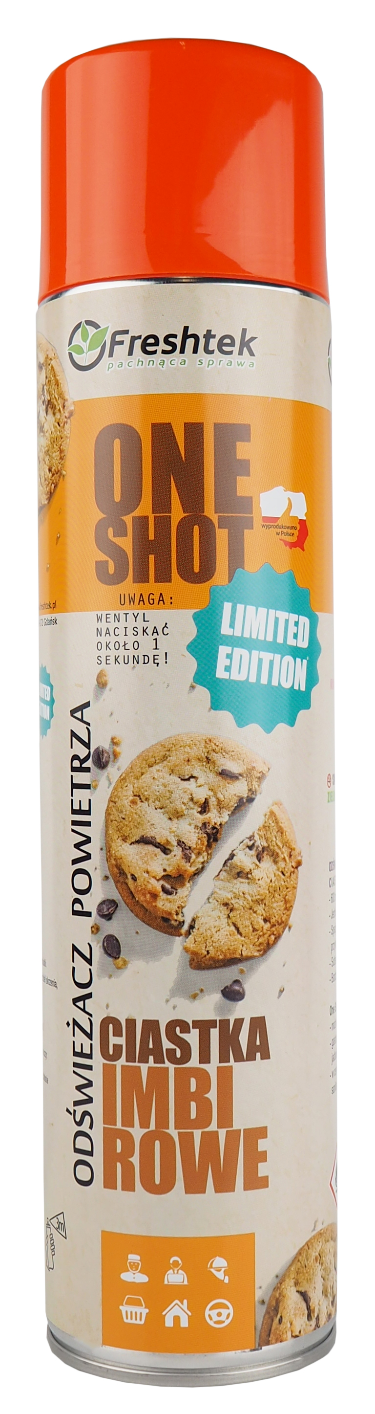 Odświeżacz FRESHTEK ONE SHOT Ciastka Imbirowe 600 ml w aerozolu z pomarańczowym wieczkiem, edycja limitowana.