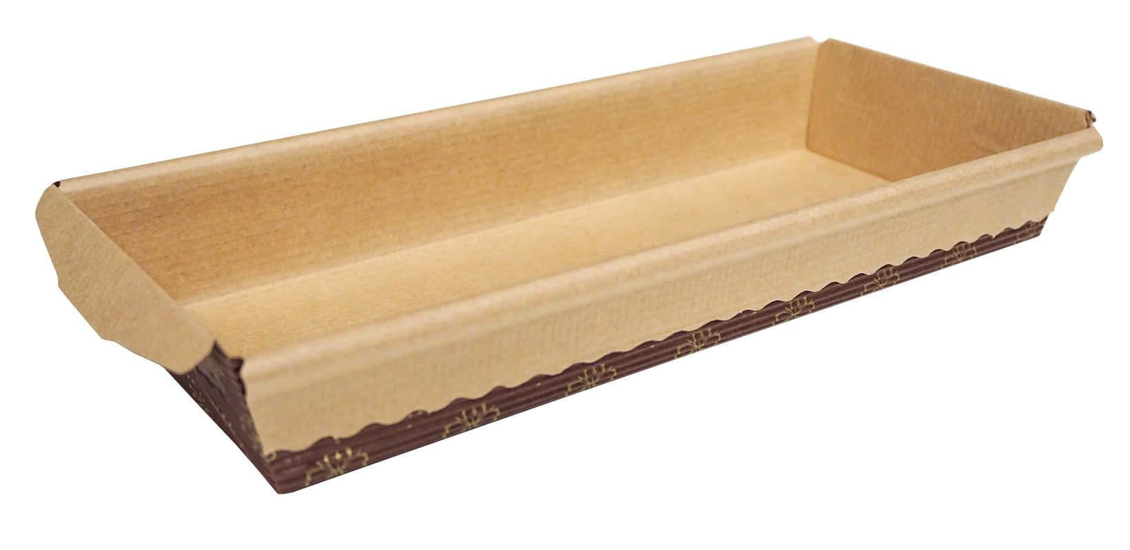 Foremka Papierowa PLUMCAKE 216x90x30 prostokątna niska brązowa - złote kwiatki 1szt Plumcake to jedna z najbardziej popularnych foremek papierowych w kolorze ciemnej czekolady ze złotym ornamentem. Foremka jest wykonana z faktury falistej, silikonowanej, odpornej na tłuszcz i wilgoć. Foremka jest wolnostojąca, stosowana do wypieku chl...