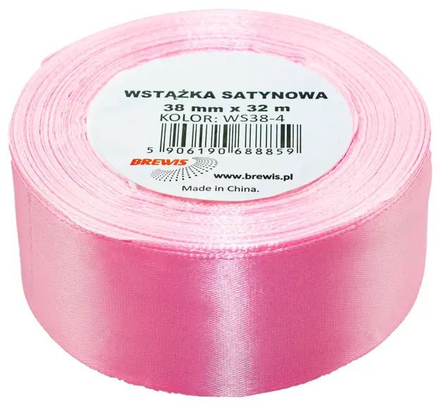 Wstążka SATYNA 38mm/32mWS38- Wstążka satynowa 38 mm x 32 m w kolorze różowym na rolce z etykietą.