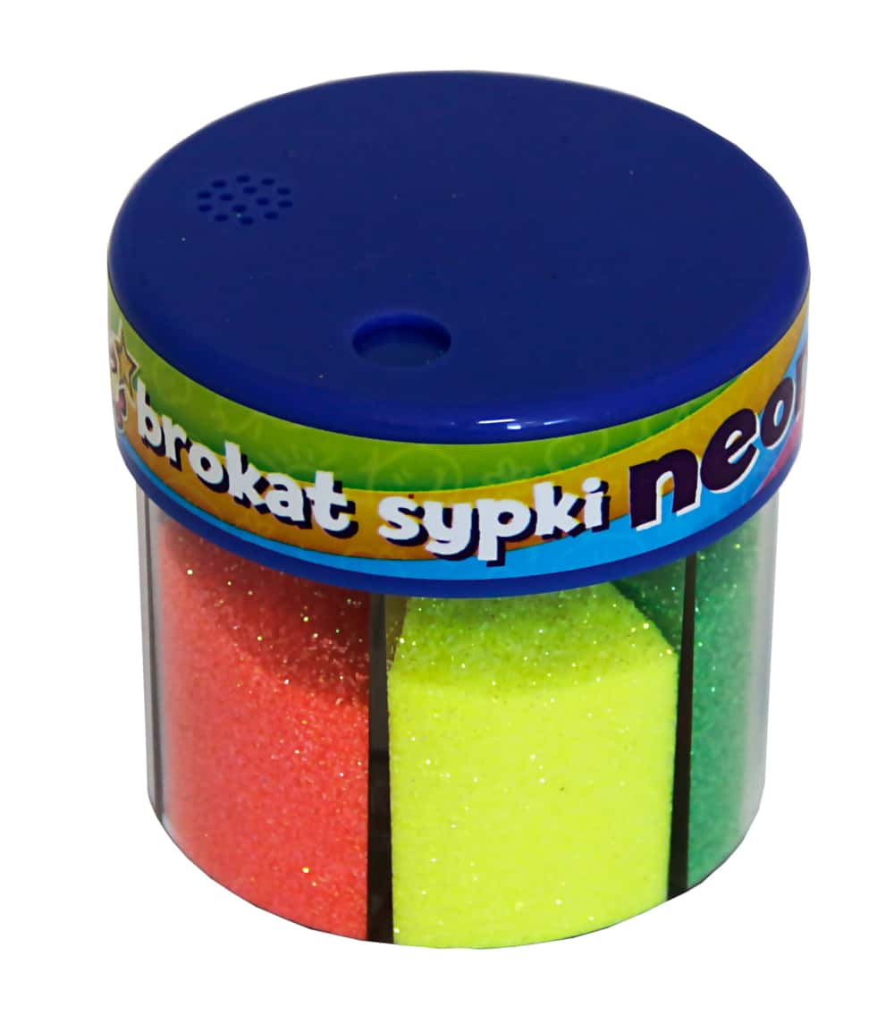 Brokat Sypki 6 kol x 50g NEONASTRA Brokat przeznaczony jest do dekoracji prac plastycznych, ozdób świątecznych, papieru, scrapbookingu. Można nim również dekorować przedmioty wykonane m.in. z gliny, masy solnej. Opakowanie zawiera 6 kolorów neonowych w mix. Pojemność opakowania: 50g