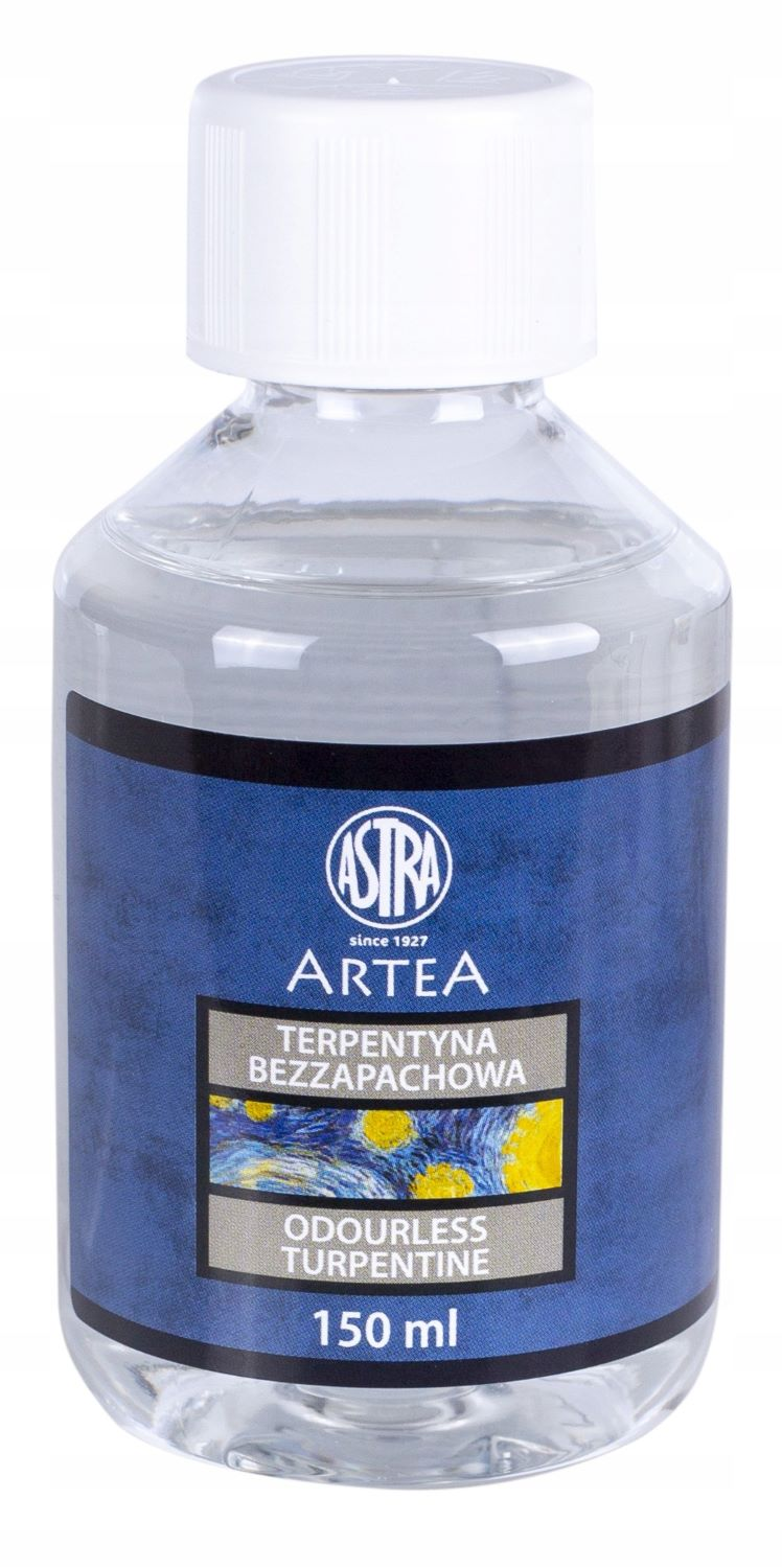 Terpentyna bezzapachowa ASTRA 150ml w przezroczystej butelce z białą zakrętką i niebieską etykietą.